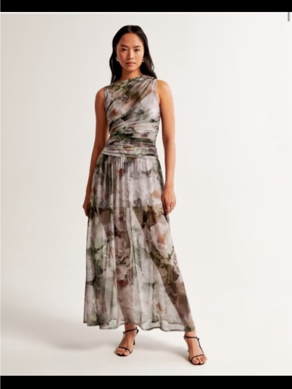 Abercrombie & Fitch Sleeveless Floral Maxi Dress in Olive, Taupe, and Cream
